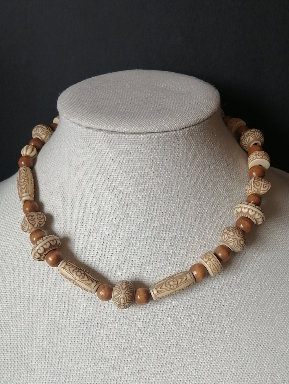 Artisan Carved Cream and Brown Beaded Necklace